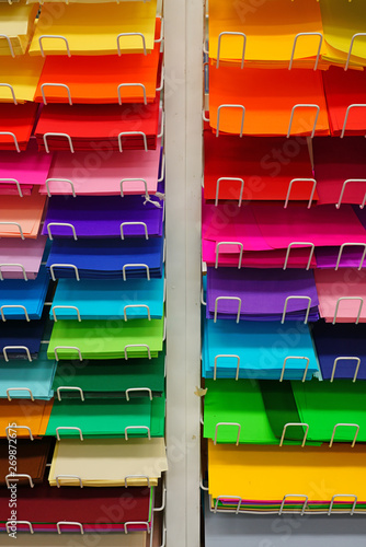Display of colorful sheets of paper in an art supply store in Brisbane, Queensland, Australia