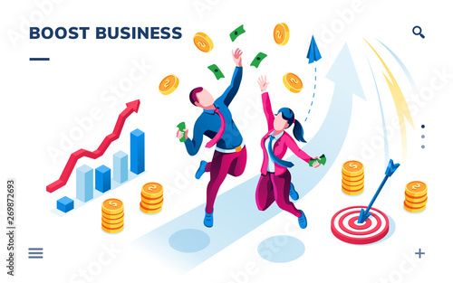 Isometric business banner for smartphone application. Boost startup, company or investment. Businessman, businesswoman catching cash and coins, rising chart with arrow. Financial profit theme
