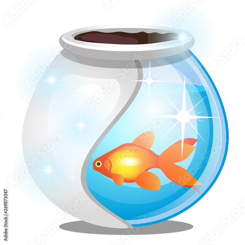 Gold fish inside a round glass aquarium isolated on white background. Vector cartoon close-up illustration.
