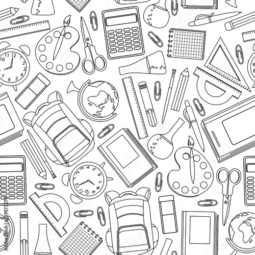 School supplies seamless pattern. Hand drawn stationery on white background. Vector illustration.