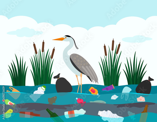 Ecological disaster of plastic waste in the river. A heron bird stands in a lake polluted with plastic debris and dead fish.