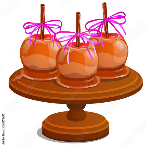 Set of candy apple dipped in melted caramel with stick of cinnamon isolated on white background. Handmade sweetness is toffee apple isolated on white background. Vector cartoon illustration close-up.