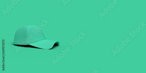 Green baseball hat on a green background abstract image. Minimal concept sport business. 3D render.