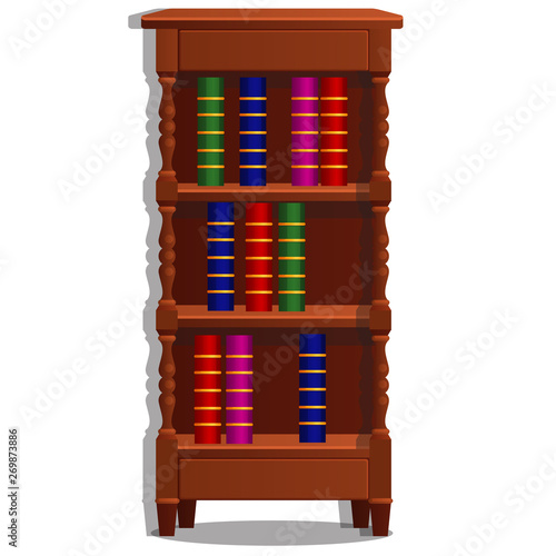 Vintage bookcase filled with books. Library furniture isolated on white background. Vector cartoon illustration close-up.