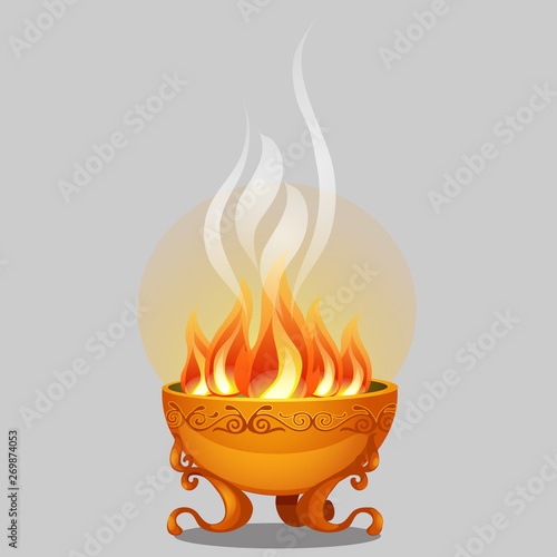 Golden bowl of fire isolated on a grey background. Vector cartoon close-up illustration.
