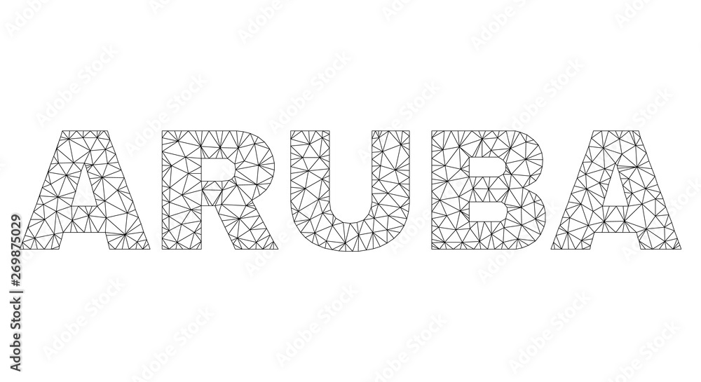 Mesh vector ARUBA text caption. Abstract lines and dots are organized into ARUBA black carcass symbols. Linear carcass 2D triangular mesh in eps vector format.
