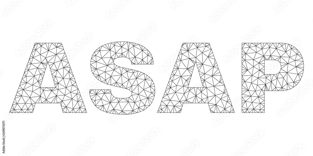 Mesh vector ASAP text. Abstract lines and points are organized into ASAP black carcass symbols. Wire carcass flat triangular mesh in vector format.
