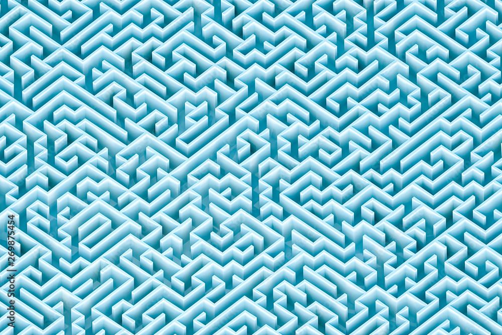 Endless blue green rectangular maze or labyrinth architecture wallpaper, background or backdrop. Aerial view. 3d render illustration. Endless blue green rectangular maze or labyrinth architecture wallpaper, background or backdrop. Aerial view. 3d render illustration.