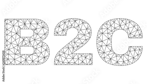Mesh vector B2C text label. Abstract lines and circle dots form B2C black carcass symbols. Linear carcass 2D triangular mesh in eps vector format.