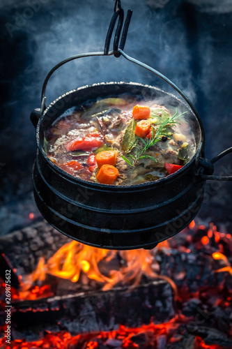 Closeup of fresh hunter's stew on campfire