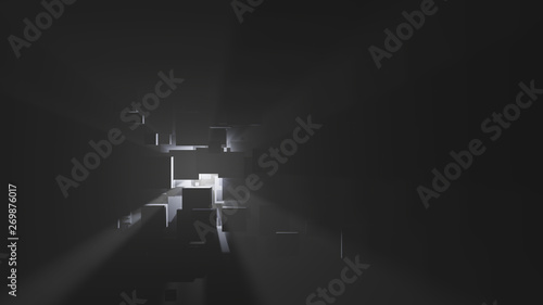 Abstract background of boxes, light rays and fog