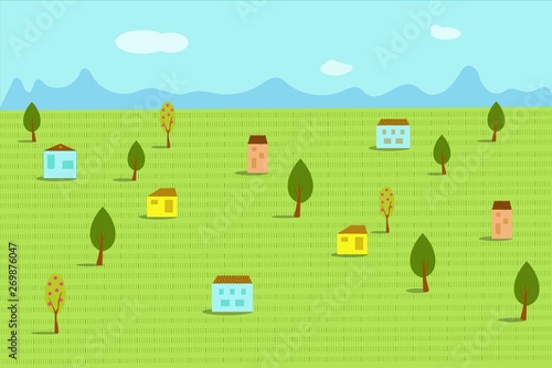  life outside the city. Illustration with houses, trees and mountains