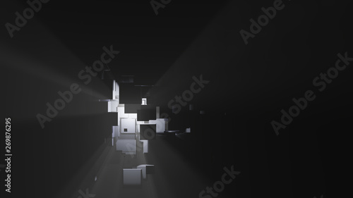Abstract background of boxes, light rays and fog