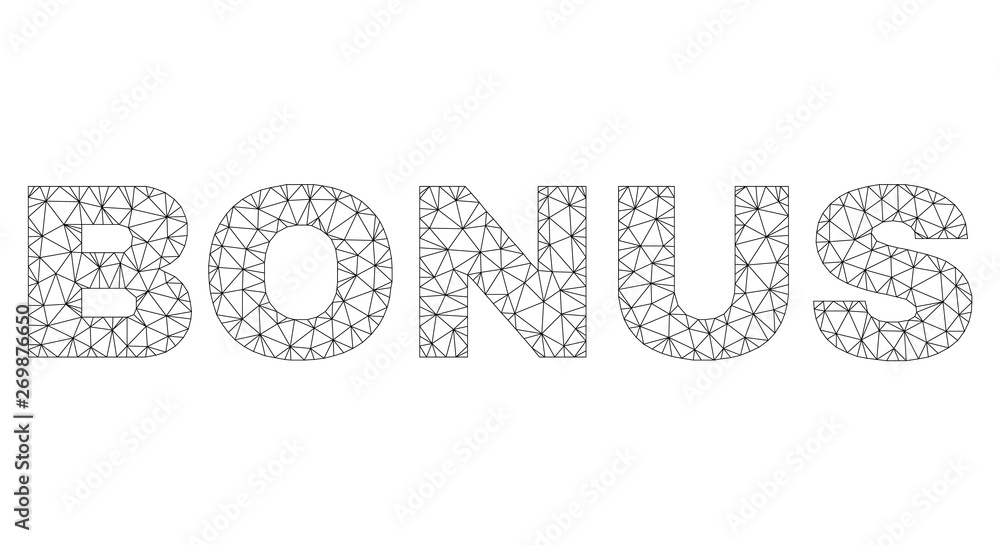 Mesh vector BONUS text label. Abstract lines and circle dots are organized into BONUS black carcass symbols. Linear carcass flat polygonal mesh in eps vector format. Mesh vector BONUS text label. Abstract lines and circle dots are organized into BONUS black carcass symbols. Linear carcass flat polygonal mesh in eps vector format.
