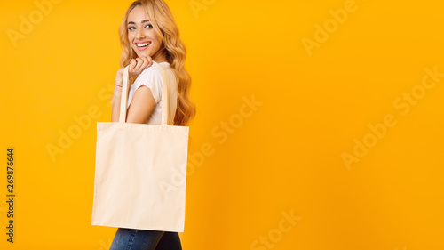 Ecology Concept. Woman With Blank Eco Bag