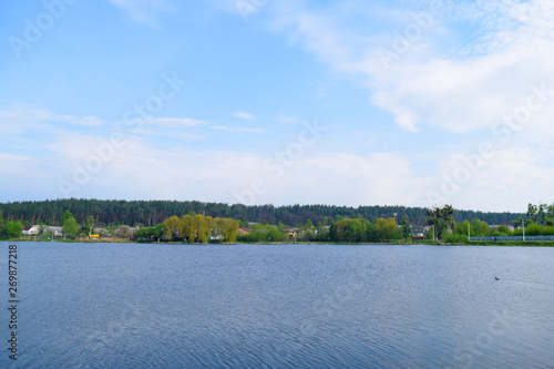 Beautiful view of the lake and forest in the distance.Nature in summer.