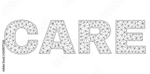 Mesh vector CARE text. Abstract lines and spheric points form CARE black carcass symbols. Linear carcass 2D polygonal mesh in vector format.