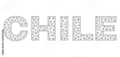 Mesh vector CHILE text label. Abstract lines and circle dots form CHILE black carcass symbols. Linear carcass 2D triangular mesh in vector format.