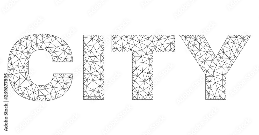 Mesh vector CITY text label. Abstract lines and spheric points are organized into CITY black carcass symbols. Linear carcass flat triangular mesh in vector format.