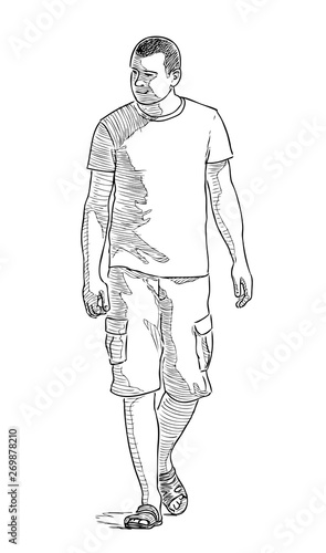 A casual townsman strolling in a sunny summer day