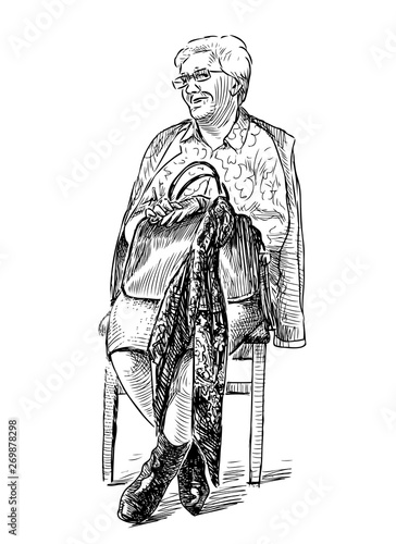 A sketch of an elderly woman sitting on a chair