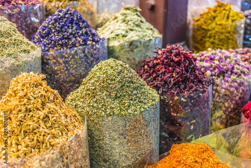 Spices and herbs on the arab street market stall