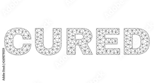 Mesh vector CURED text. Abstract lines and circle dots form CURED black carcass symbols. Wire carcass flat triangular mesh in vector format.