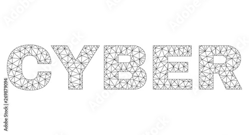 Mesh vector CYBER text. Abstract lines and circle dots form CYBER black carcass symbols. Wire carcass flat triangular mesh in eps vector format.