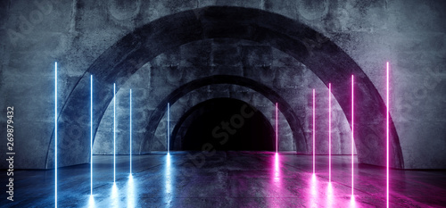 Neon Laser Blue Purple Pink Oval Circle Tunnel Corridor Concrete Grunge Reflective Dark Hallway Underground Garage Hall Empty Futuristic Elegant Modern 3D Rendering