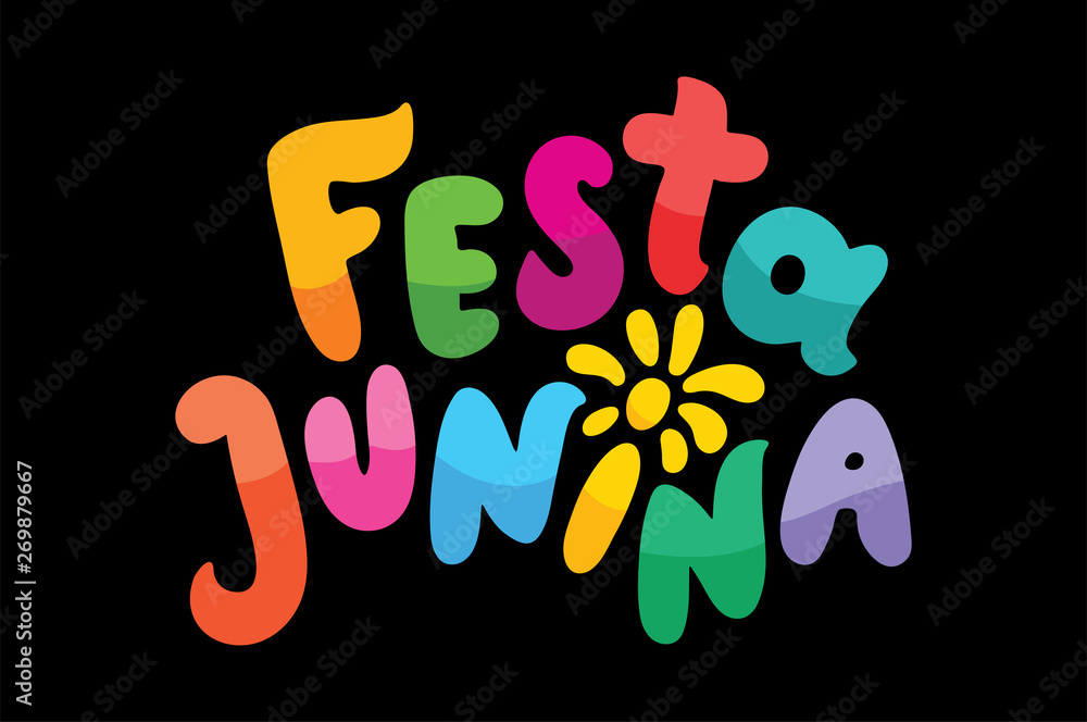 Fototapeta premium Brazilian Celebration Festa Junina illustration. Bright festive lettering text Festa Junina Colorful Feast logo isolated