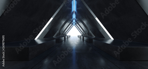 Triangle Arc Concrete Grunge Tunnel Corridor Sci Fi Futuristic Laser Stage Vibrant Blue Glowing Shapes Chaotic Fluorescent Empty Dark Underground Garage 3D Rendering