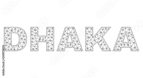 Mesh vector DHAKA text. Abstract lines and circle dots are organized into DHAKA black carcass symbols. Linear carcass flat polygonal mesh in vector format.