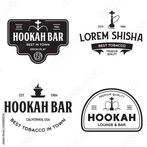 Set of hookah labels, badges and design elements. Hookah club. Shisha bar. Hookah lounge logo. Hookah pipes.
