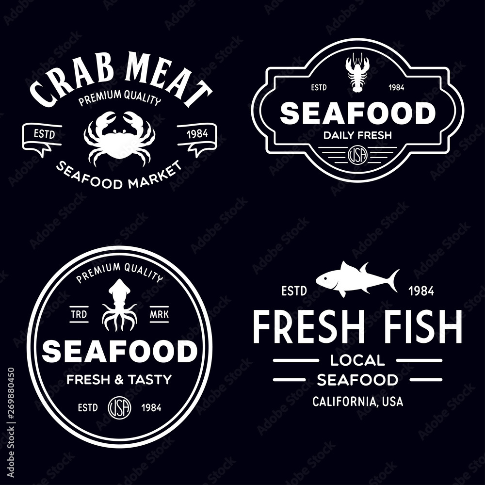 Fototapeta premium Seafood restaurant logos set vector illustration. Market and fisherman emblems, fishes and seafood silhouettes.