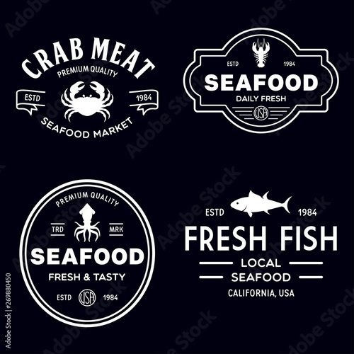 Seafood restaurant logos set vector illustration. Market and fisherman emblems, fishes and seafood silhouettes.