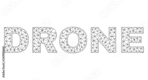 Mesh vector DRONE text caption. Abstract lines and dots are organized into DRONE black carcass symbols. Wire carcass flat triangular mesh in vector format.
