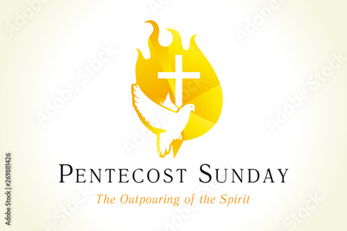 Pentecost sunday banner with dove & cross in flame. Invitation the christian service of pentecost with Holy Spirit and text. Vector illustration