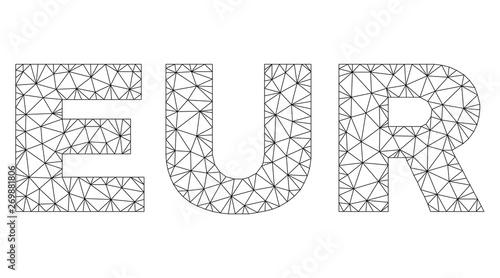 Mesh vector EUR text. Abstract lines and dots form EUR black carcass symbols. Wire frame flat triangular mesh in vector format.