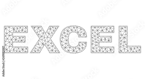 Mesh vector EXCEL text. Abstract lines and circle dots form EXCEL black carcass symbols. Wire carcass flat polygonal mesh in vector format.