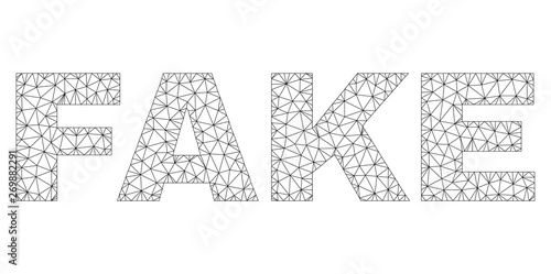 Mesh vector FAKE text. Abstract lines and spheric points form FAKE black carcass symbols. Linear carcass flat triangular mesh in vector EPS format.