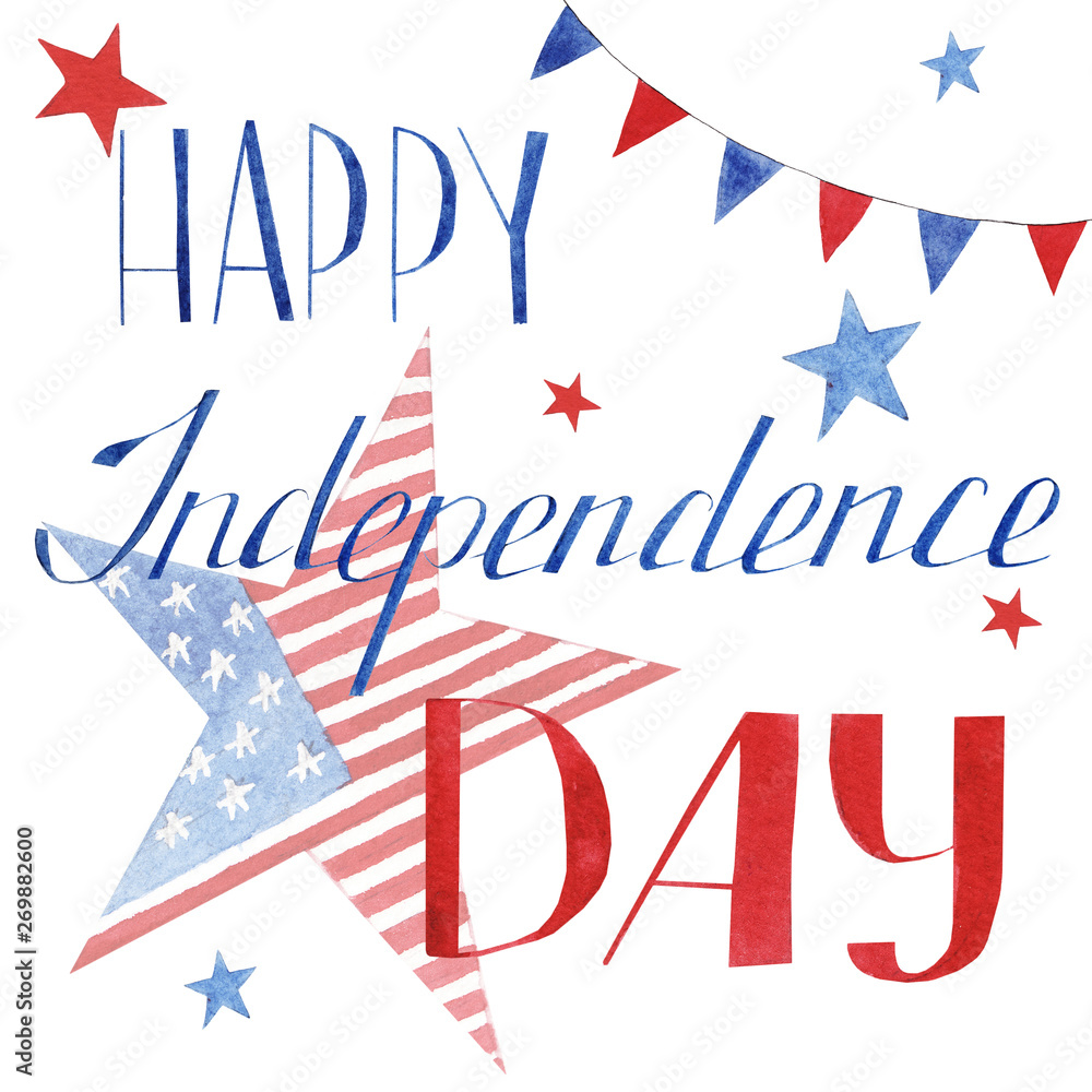 hand drawn watercolor greeting card with american flag. Independence day of Unated States of America hand drawn watercolor greeting card with american flag. Independence day of Unated States of America