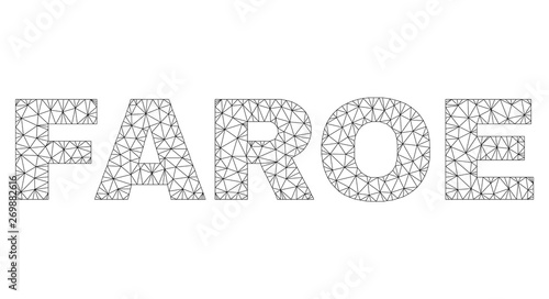 Mesh vector FAROE text. Abstract lines and circle dots form FAROE black carcass symbols. Linear carcass flat triangular mesh in eps vector format.
