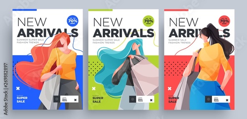 Urban shopping girls banners set. Fashion girls with shopping bags. Vector