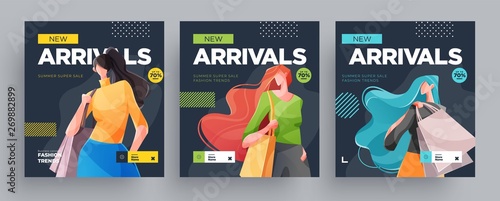 Urban shopping girls banners set. Fashion girls with shopping bags. Vector