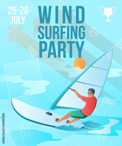 Gradient cartoon flat character doing summer sport activity,landing page,party banner flyer poster,web online concept,healthy lifestyle design.Flat cartoon man windsurfing,sporting,sea surfing on wave