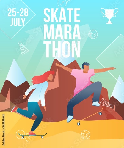 Modern cartoon flat characters,summer sport activity,landing page,skate marathon poster banner flyer,web online concept, healthy lifestyle design.Flat cartoon family people boy girl riding on skates