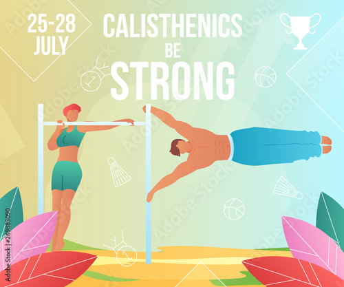 Gradient cartoon flat characters,summer sport activity,landing page,sports banner flyer poster,web online concept,healthy lifestyle design.Flat cartoon family people training calisthenics on beach