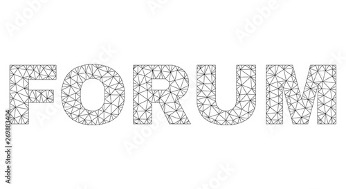 Mesh vector FORUM text. Abstract lines and circle dots form FORUM black carcass symbols. Linear carcass 2D triangular mesh in eps vector format.