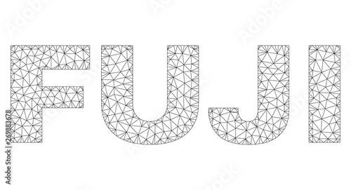 Mesh vector FUJI text. Abstract lines and spheric points form FUJI black carcass symbols. Linear carcass flat triangular mesh in eps vector format.