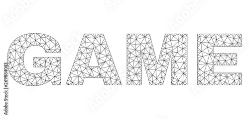Mesh vector GAME text. Abstract lines and spheric points form GAME black carcass symbols. Linear carcass 2D polygonal mesh in vector format.